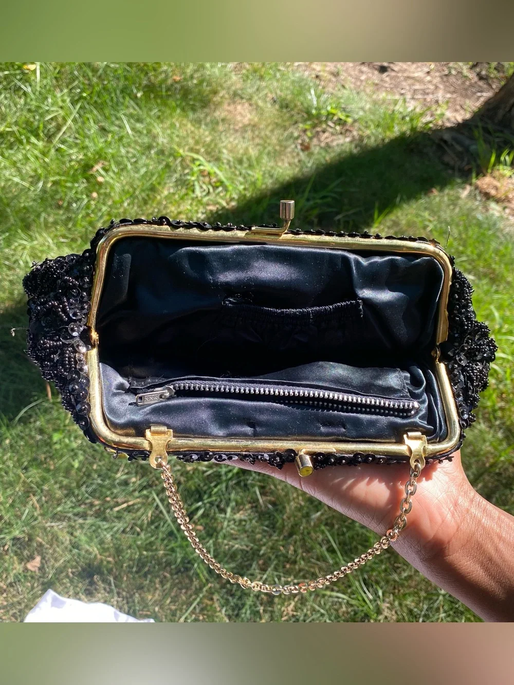 Hand-Beaded Black Prairie Clutch with Gold Chain